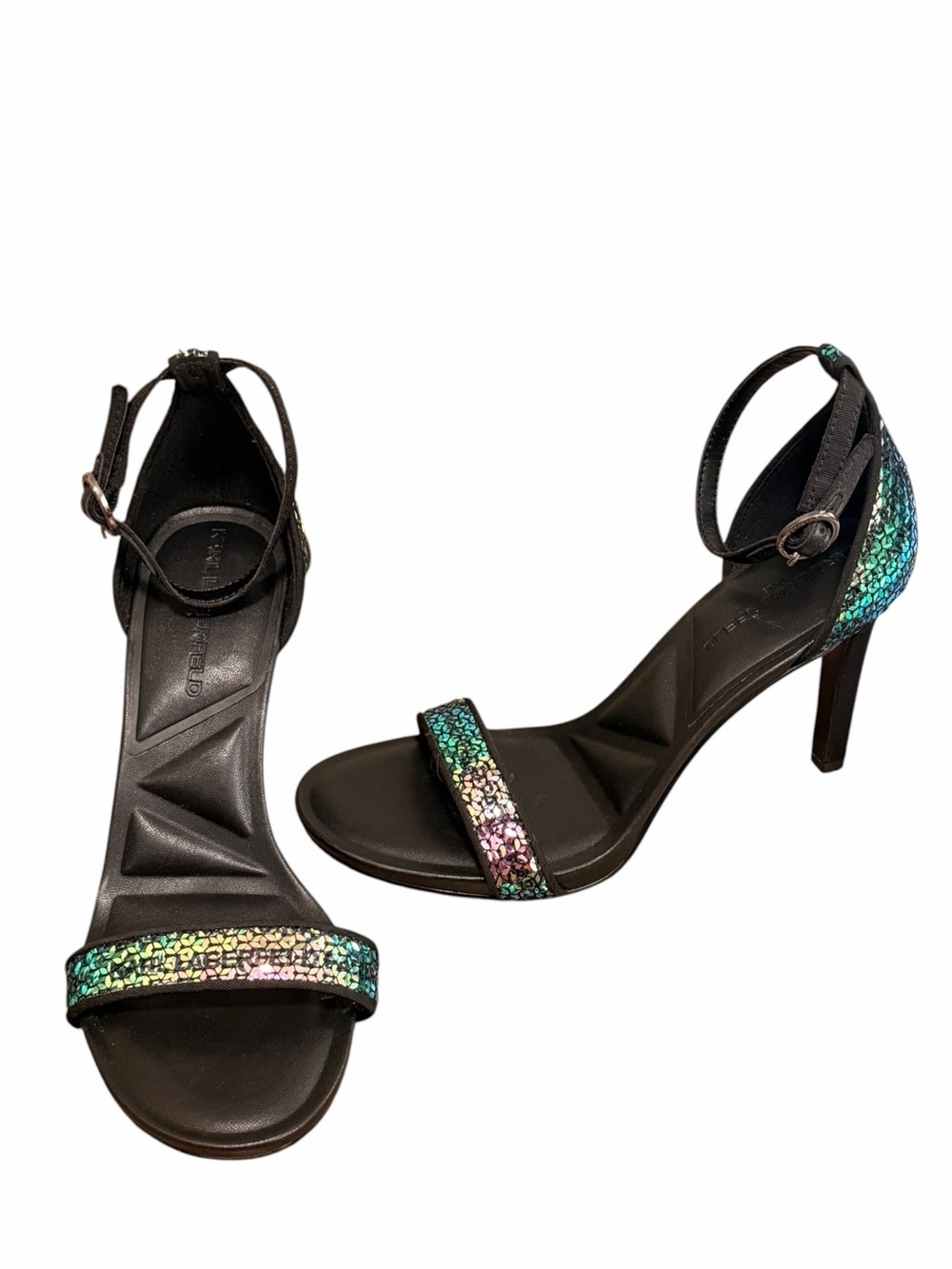 NWT Karl Lagerfeld Paris Kenz Sequin Ankle Strap Sandals - Size 6